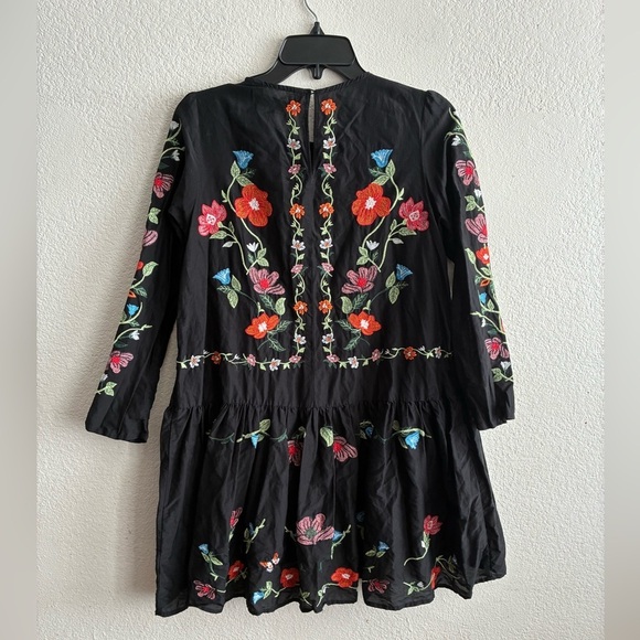 Zara Black Mini Ruffle Tunic Dress With Colorful Floral Embroidery Design XS - Picture 6 of 12